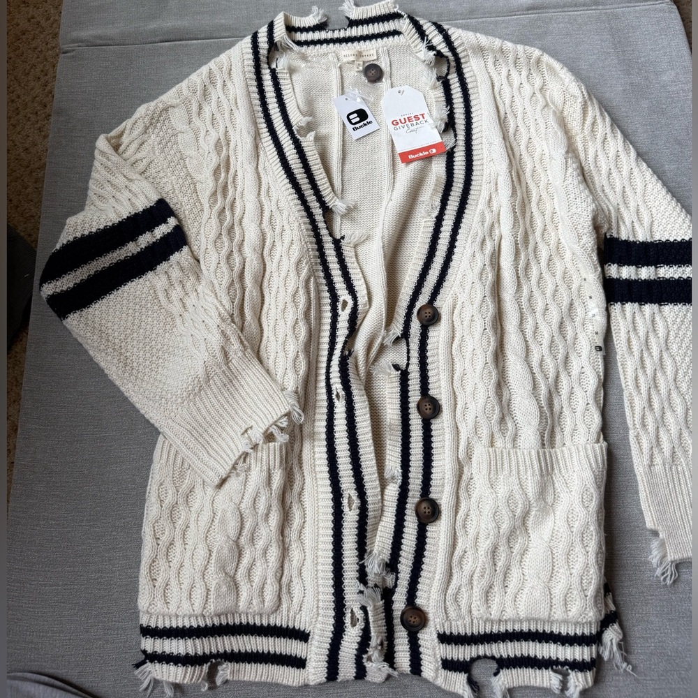 NWT Gilded Intent Destructed Oversized Cream and Black Cardigan Sweater - Picture 2 of 6